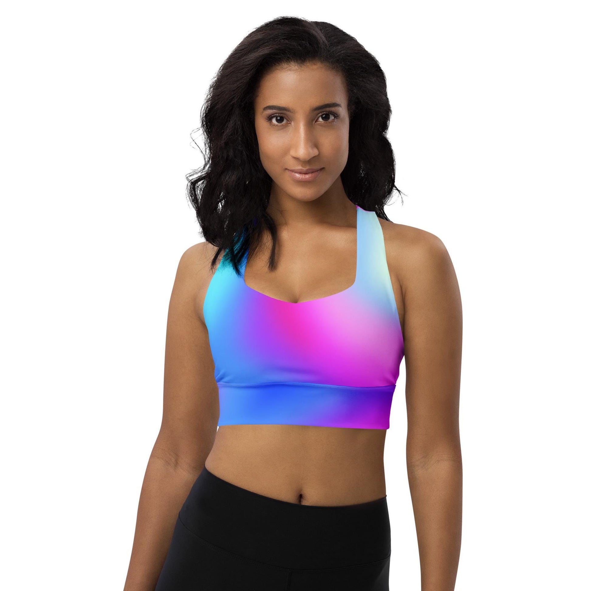 Pink & Blue Gradient Recycled Longline Sports Bra, Workout Fitness Yoga Pilates Activewear, Ombre Athletic Bralette, Stretchy Gym Top - Printspirationz