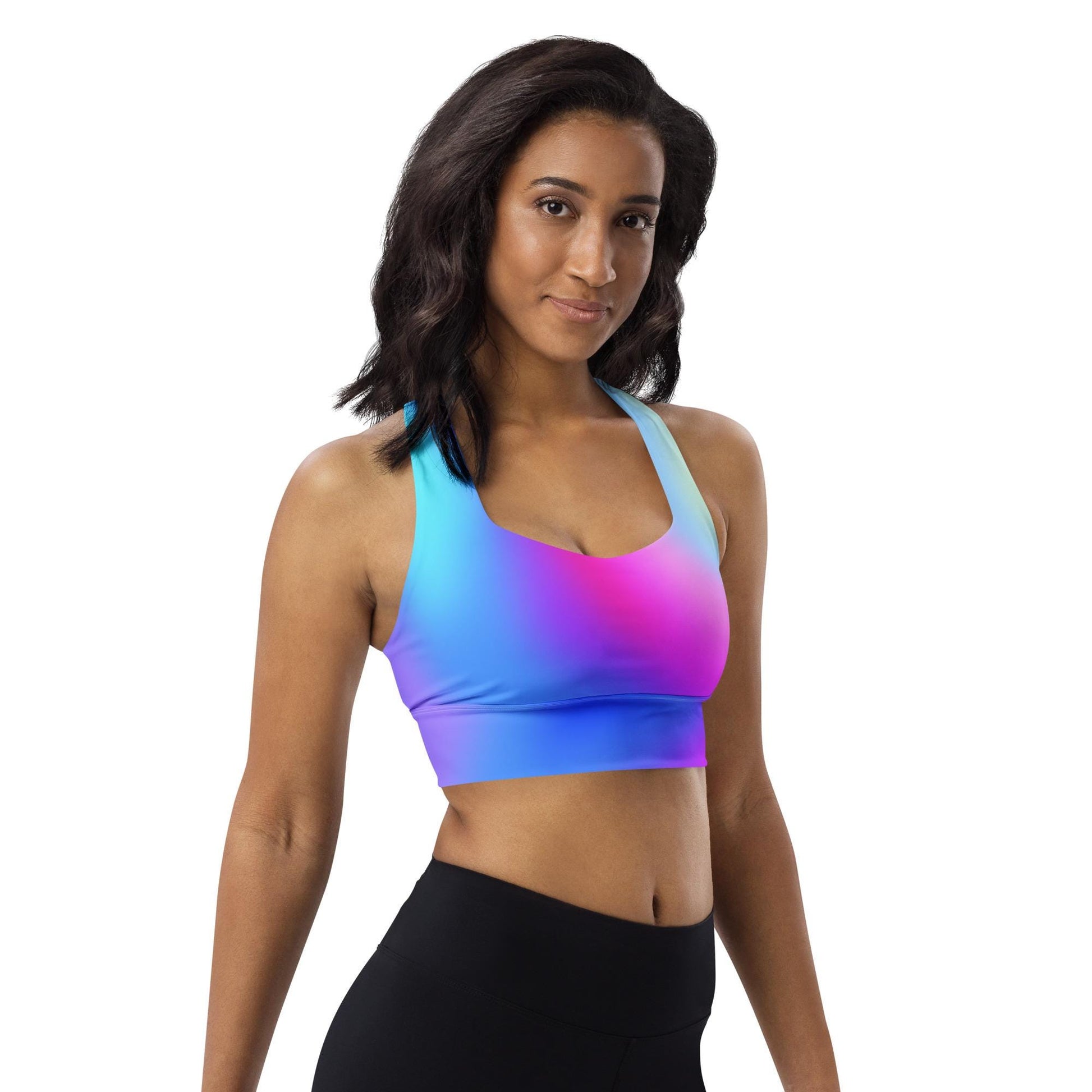 Pink & Blue Gradient Recycled Longline Sports Bra, Workout Fitness Yoga Pilates Activewear, Ombre Athletic Bralette, Stretchy Gym Top - Printspirationz