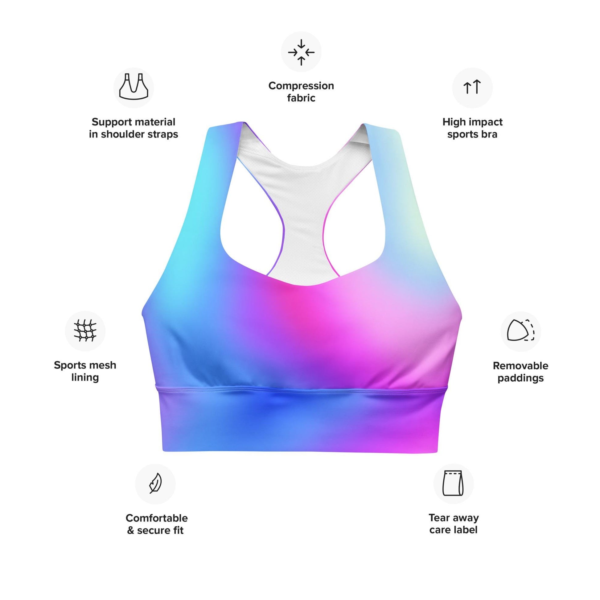 Pink & Blue Gradient Recycled Longline Sports Bra, Workout Fitness Yoga Pilates Activewear, Ombre Athletic Bralette, Stretchy Gym Top - Printspirationz