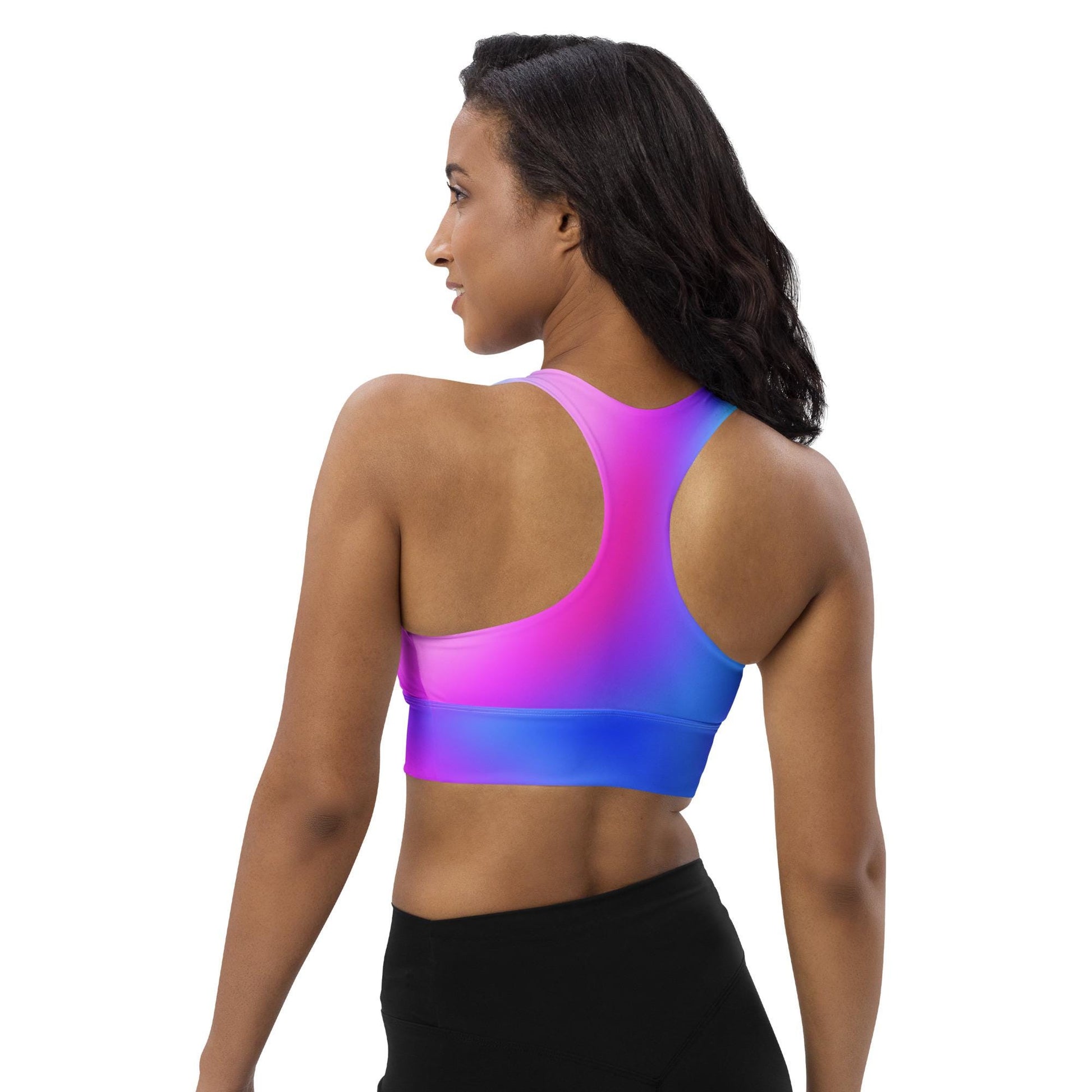 Pink & Blue Gradient Recycled Longline Sports Bra, Workout Fitness Yoga Pilates Activewear, Ombre Athletic Bralette, Stretchy Gym Top - Printspirationz