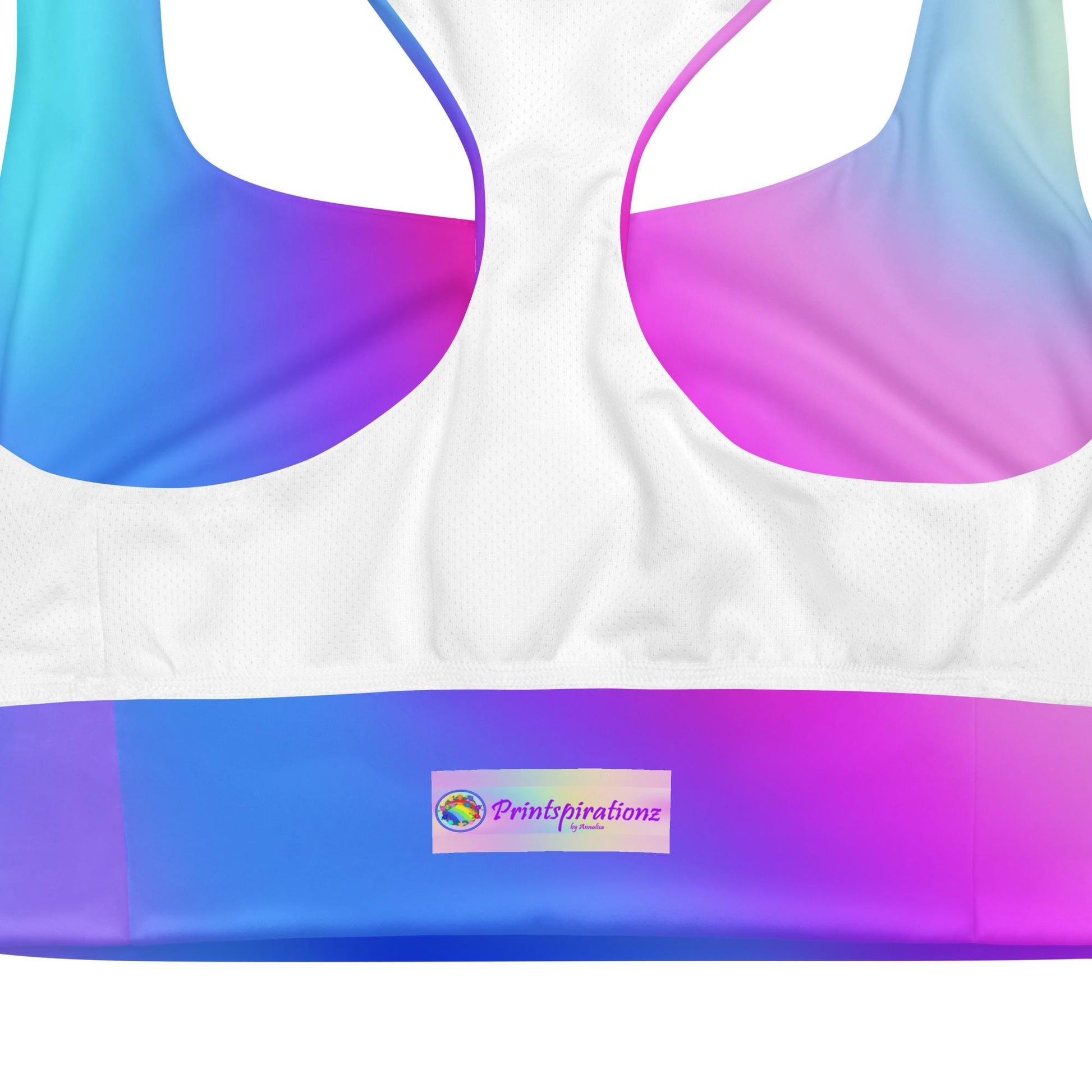 Pink & Blue Gradient Recycled Longline Sports Bra, Workout Fitness Yoga Pilates Activewear, Ombre Athletic Bralette, Stretchy Gym Top - Printspirationz
