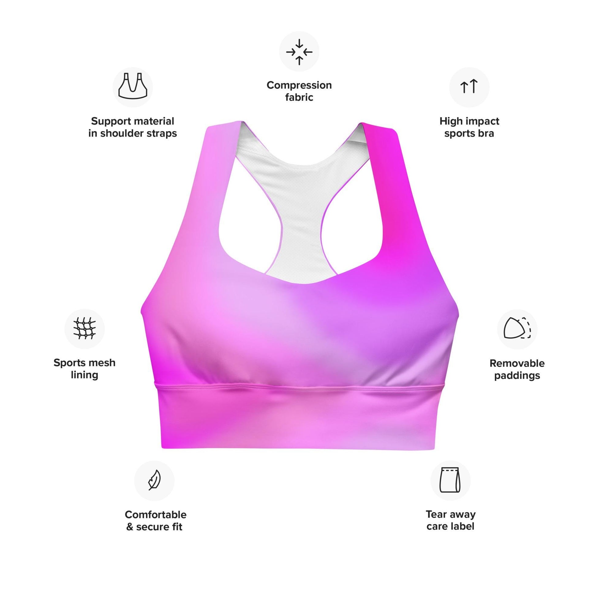 Pink Gradient Recycled Longline Sports Bra, Workout Fitness Yoga Pilates Activewear, Ombre Athletic Bralette, Stretchy Gym Training Top - Printspirationz