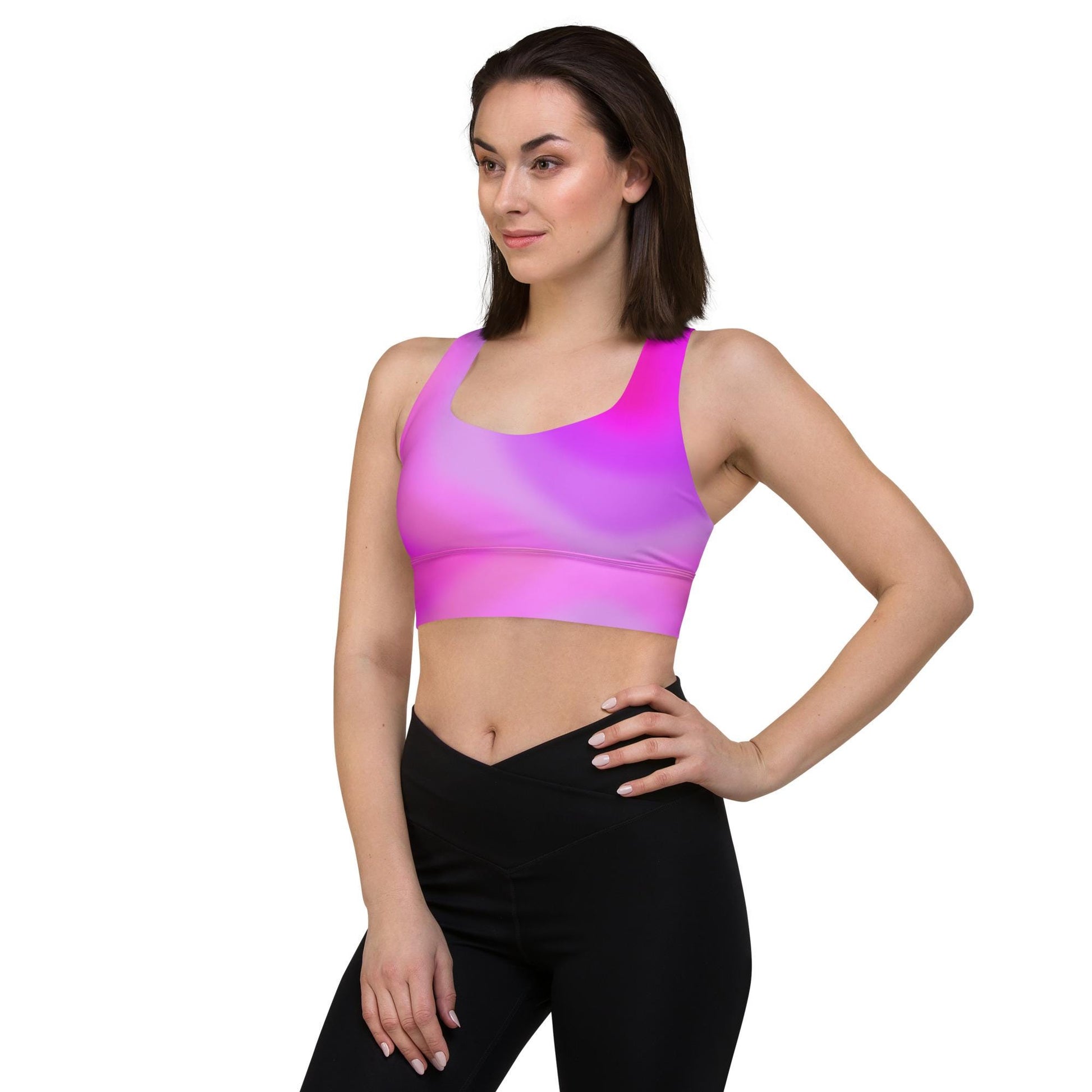 Pink Gradient Recycled Longline Sports Bra, Workout Fitness Yoga Pilates Activewear, Ombre Athletic Bralette, Stretchy Gym Training Top - Printspirationz