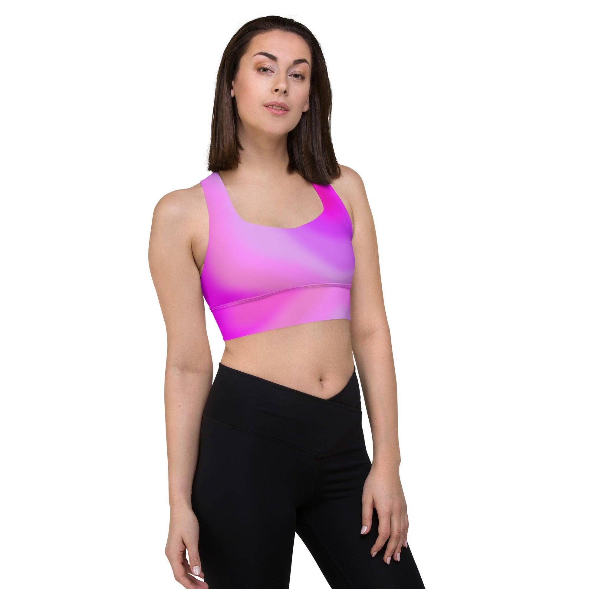 Pink Gradient Recycled Longline Sports Bra, Workout Fitness Yoga Pilates Activewear, Ombre Athletic Bralette, Stretchy Gym Training Top - Printspirationz