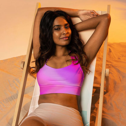 Pink Gradient Recycled Longline Sports Bra, Workout Fitness Yoga Pilates Activewear, Ombre Athletic Bralette, Stretchy Gym Training Top