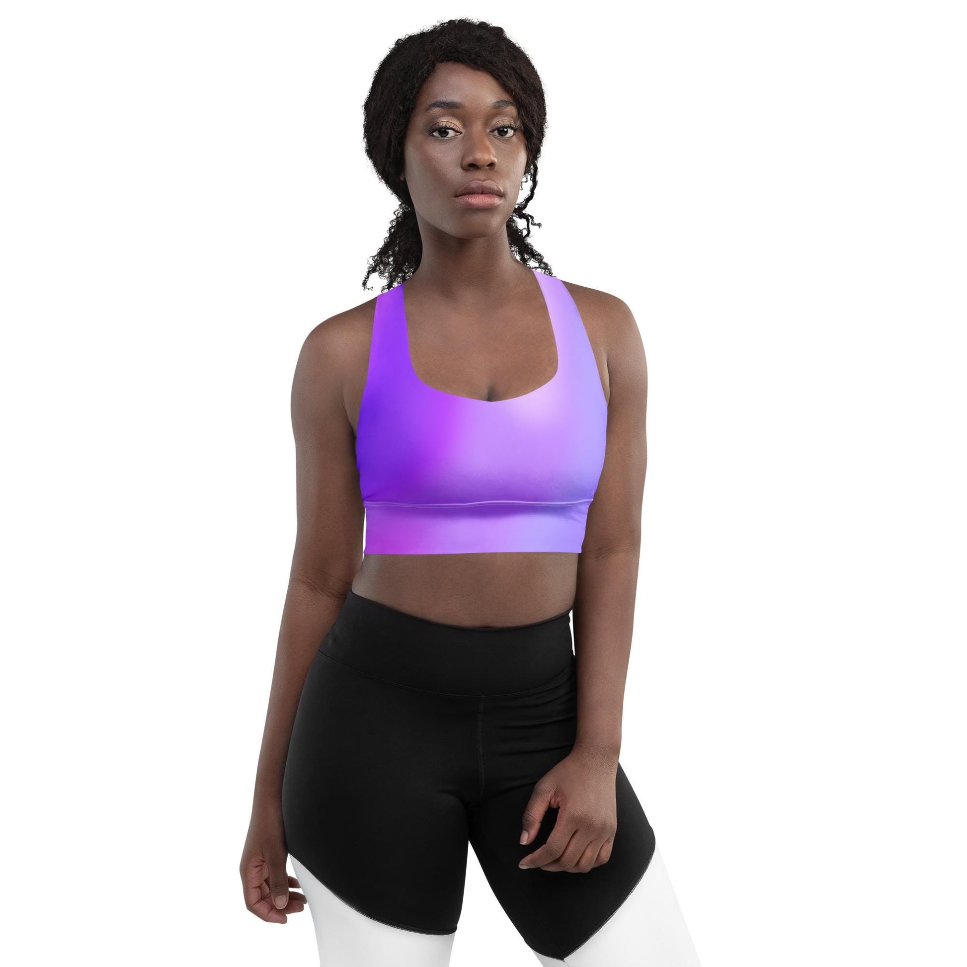 Purple Gradient Recycled Longline Sports Bra, Workout Fitness Yoga Pilates Activewear, Ombre Athletic Bralette, Stretchy Gym Training Top - Printspirationz