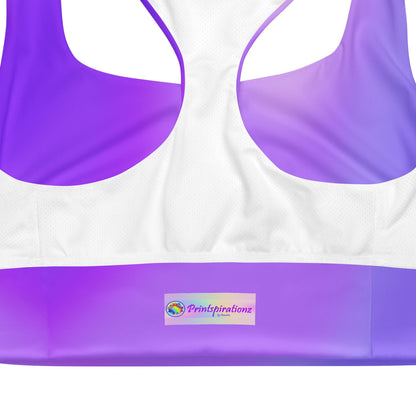 Purple Gradient Recycled Longline Sports Bra, Workout Fitness Yoga Pilates Activewear, Ombre Athletic Bralette, Stretchy Gym Training Top - Printspirationz