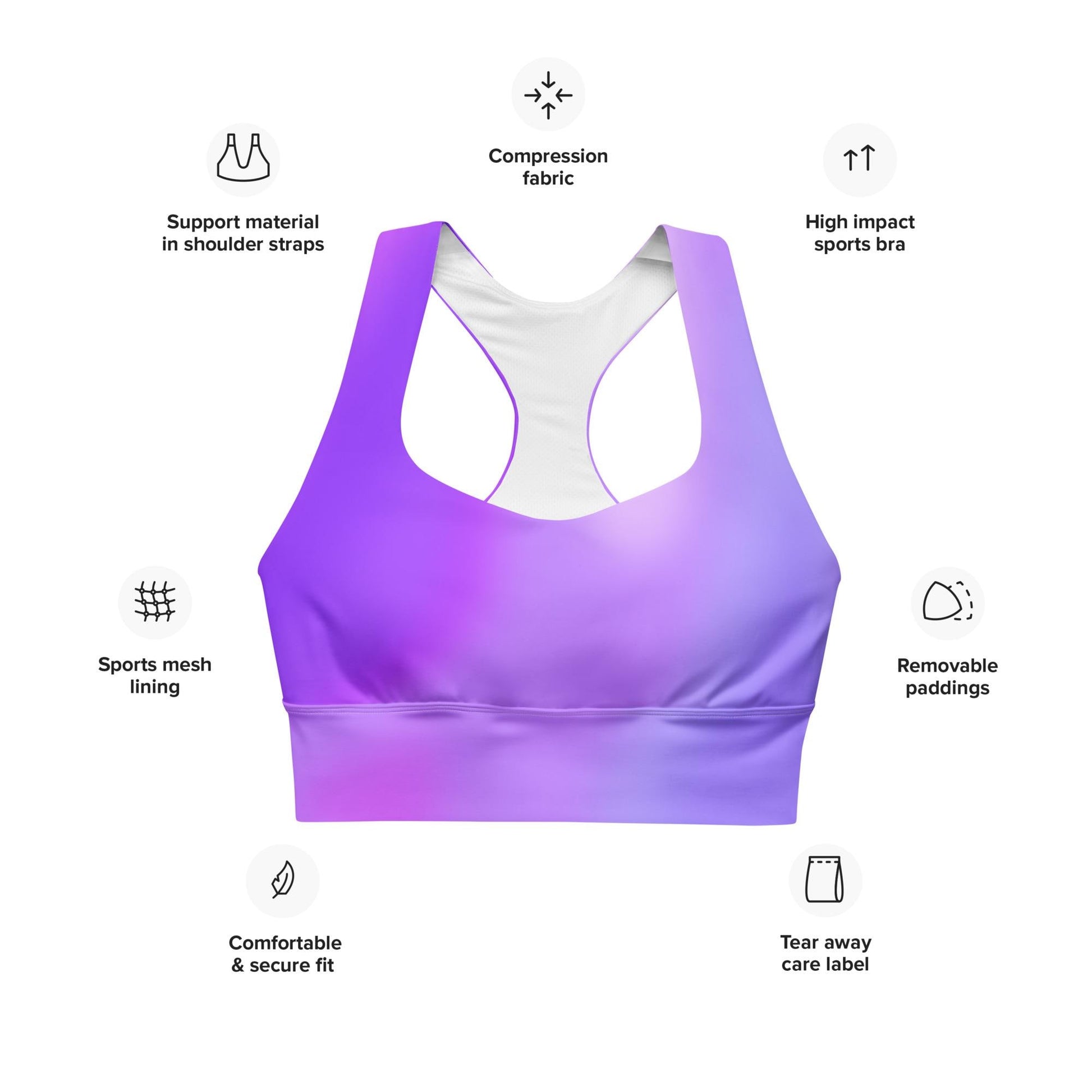 Purple Gradient Recycled Longline Sports Bra, Workout Fitness Yoga Pilates Activewear, Ombre Athletic Bralette, Stretchy Gym Training Top - Printspirationz