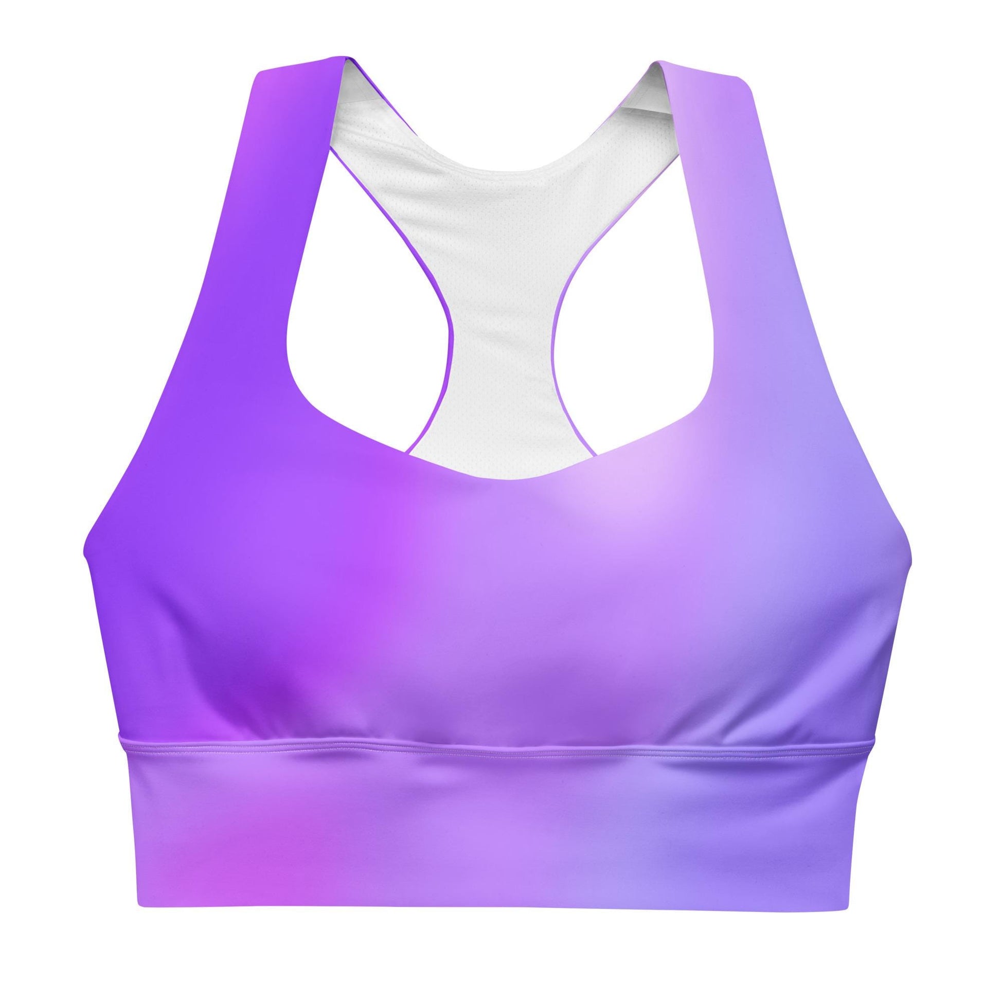 Purple Gradient Recycled Longline Sports Bra, Workout Fitness Yoga Pilates Activewear, Ombre Athletic Bralette, Stretchy Gym Training Top - Printspirationz