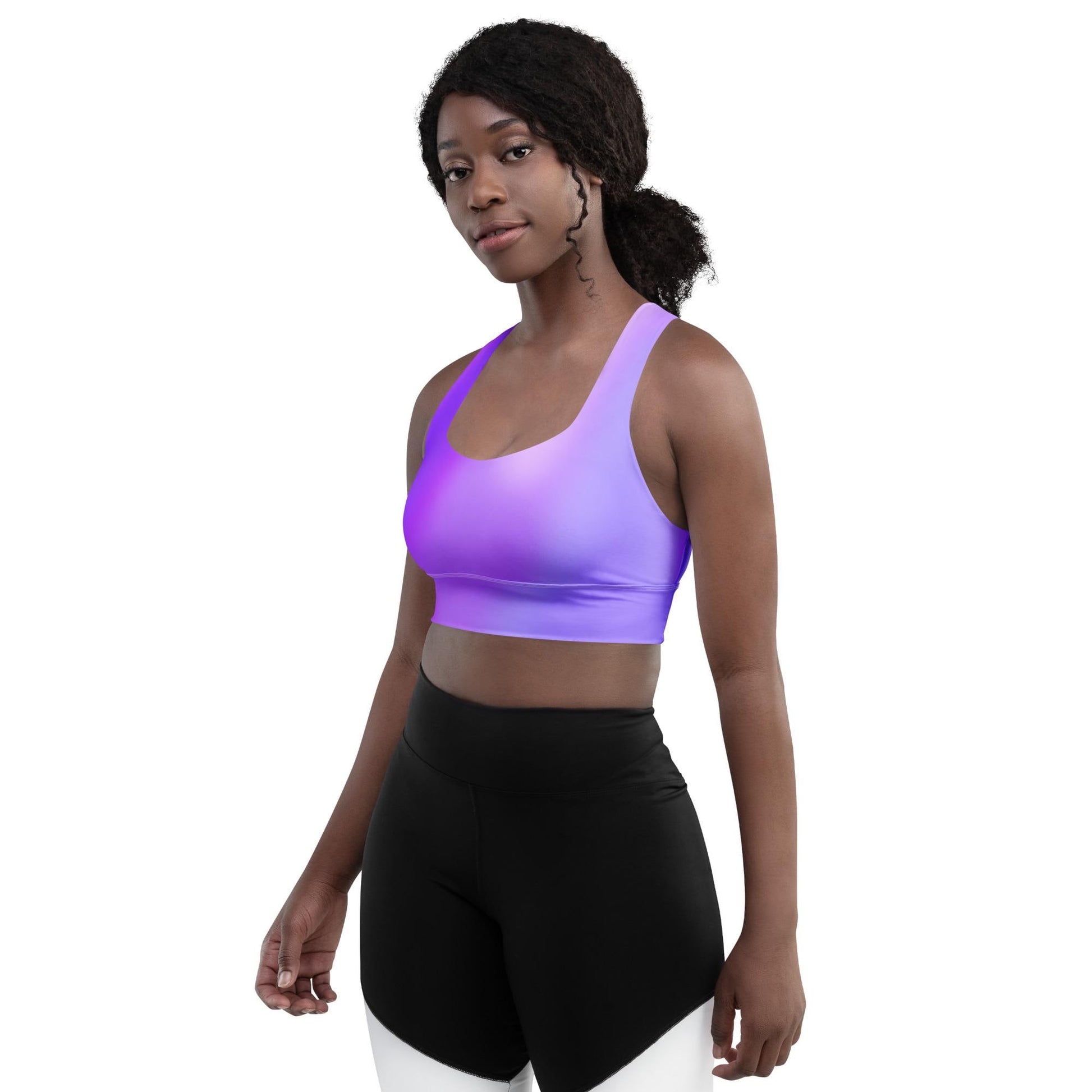 Purple Gradient Recycled Longline Sports Bra, Workout Fitness Yoga Pilates Activewear, Ombre Athletic Bralette, Stretchy Gym Training Top - Printspirationz