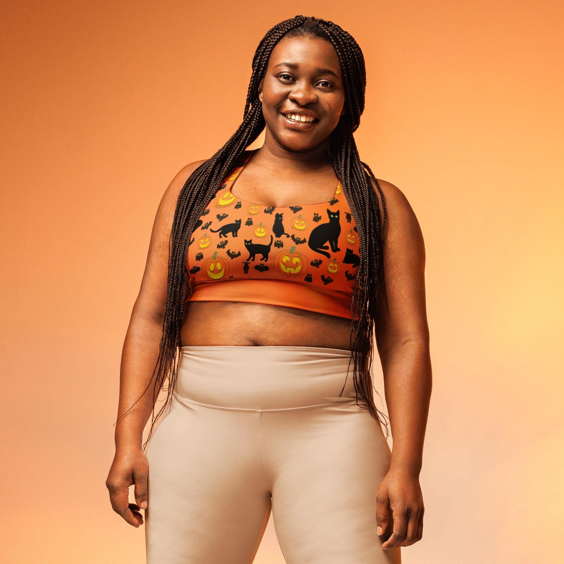 Recycled Longline Sports Bra Halloween Pumpkins Bats Cat Print, Seamless Print, Athletic Bra Top, Workout Bra, Activewear, Gym Clothing Bra - Printspirationz
