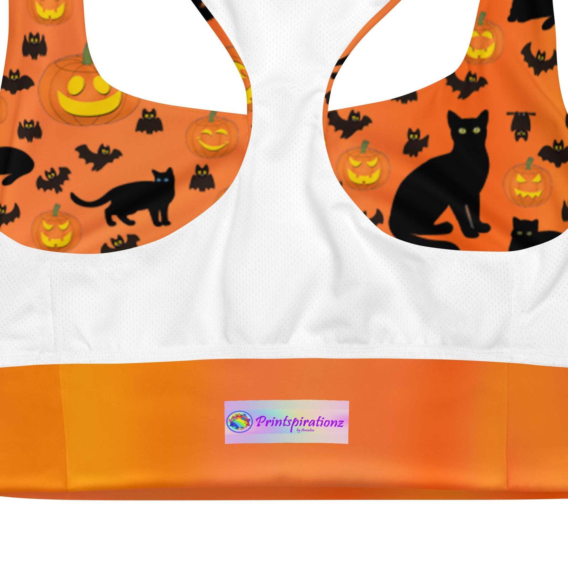 Recycled Longline Sports Bra Halloween Pumpkins Bats Cat Print, Seamless Print, Athletic Bra Top, Workout Bra, Activewear, Gym Clothing Bra - Printspirationz