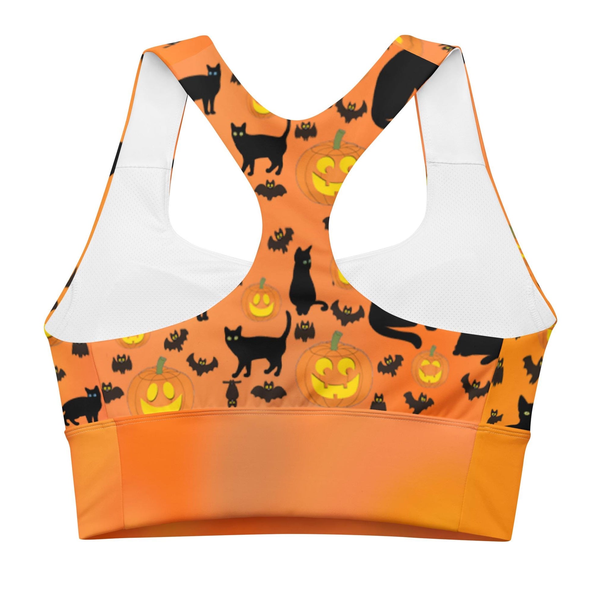 Recycled Longline Sports Bra Halloween Pumpkins Bats Cat Print, Seamless Print, Athletic Bra Top, Workout Bra, Activewear, Gym Clothing Bra - Printspirationz