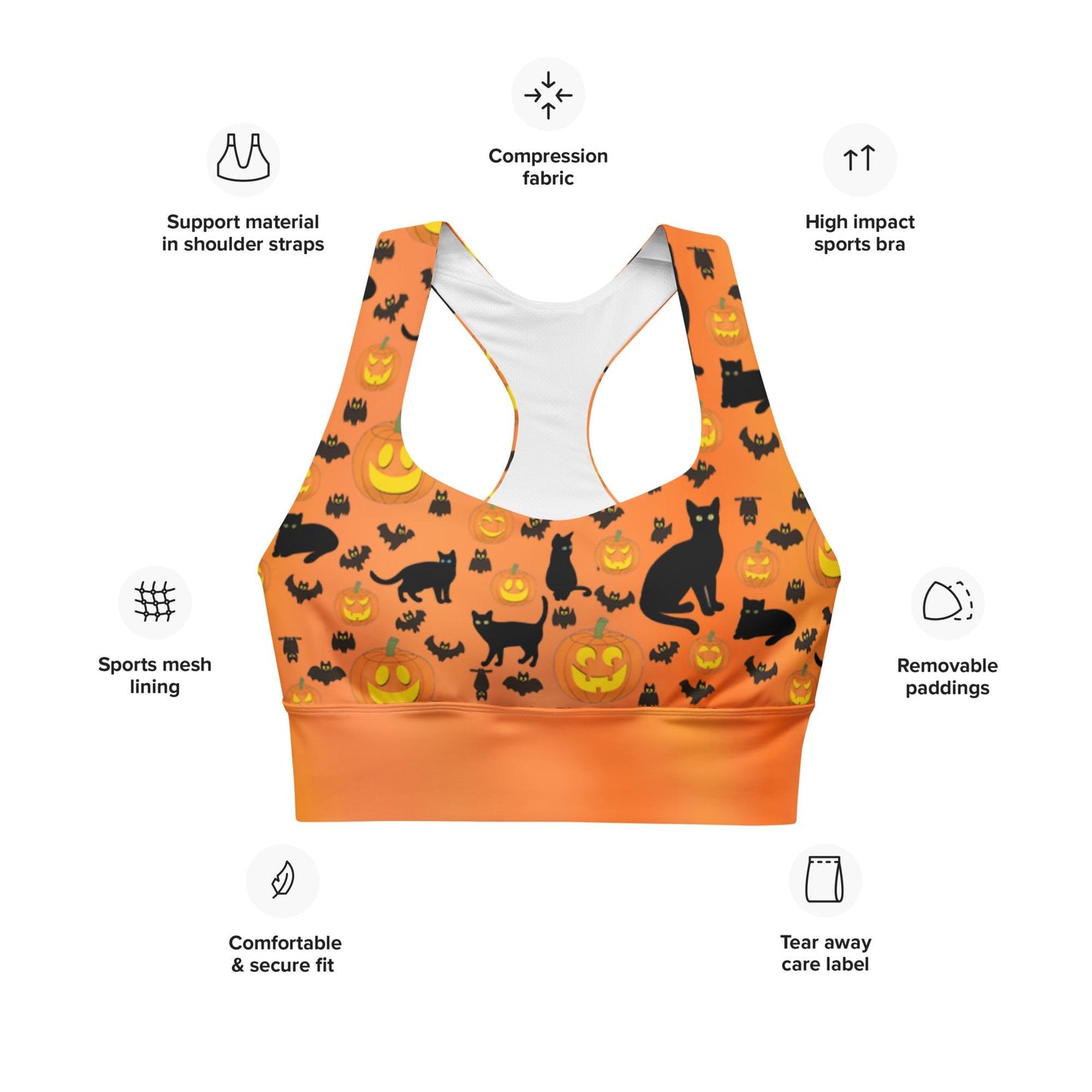 Recycled Longline Sports Bra Halloween Pumpkins Bats Cat Print, Seamless Print, Athletic Bra Top, Workout Bra, Activewear, Gym Clothing Bra - Printspirationz