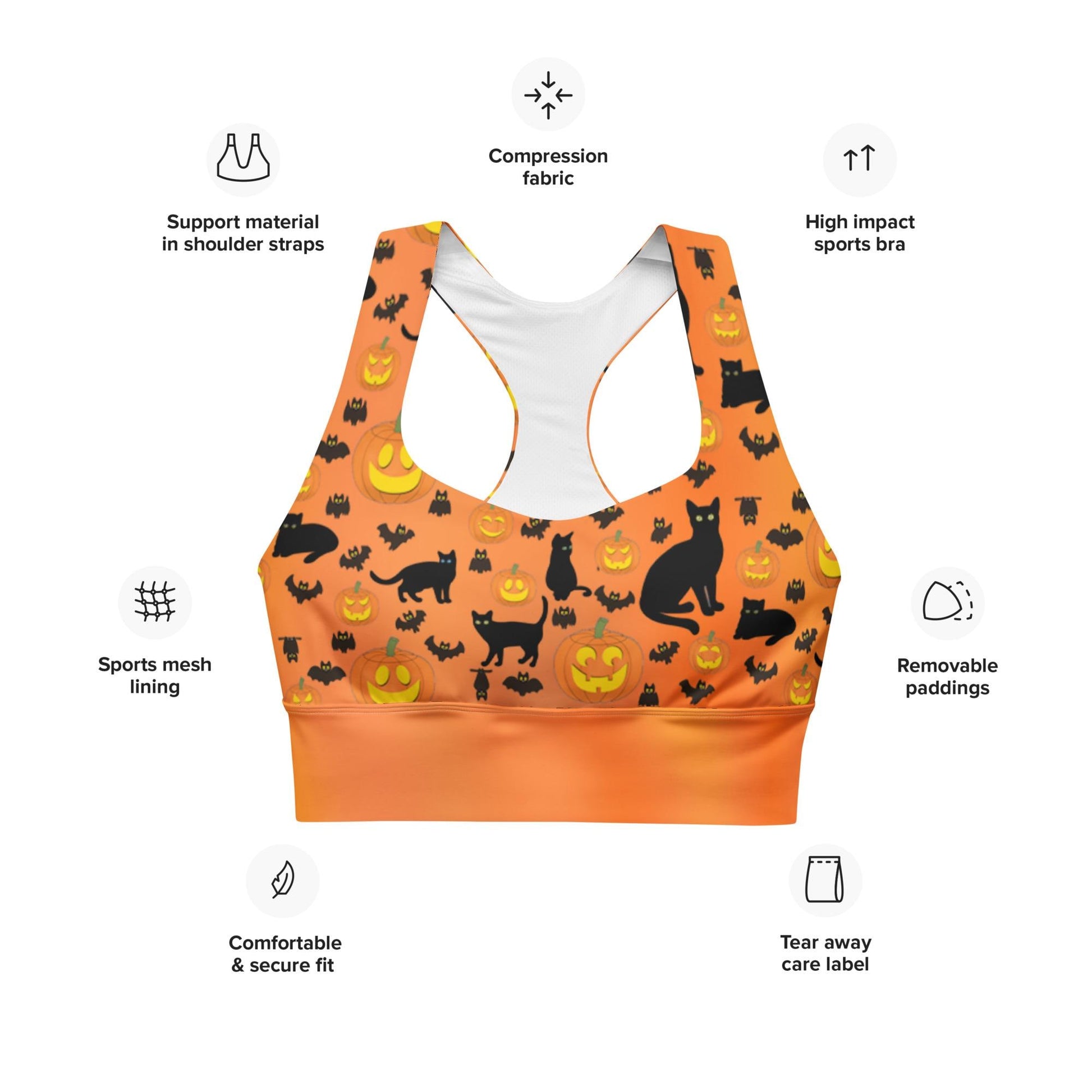 Recycled Longline Sports Bra Halloween Pumpkins Bats Cat Print, Seamless Print, Athletic Bra Top, Workout Bra, Activewear, Gym Clothing Bra - Printspirationz