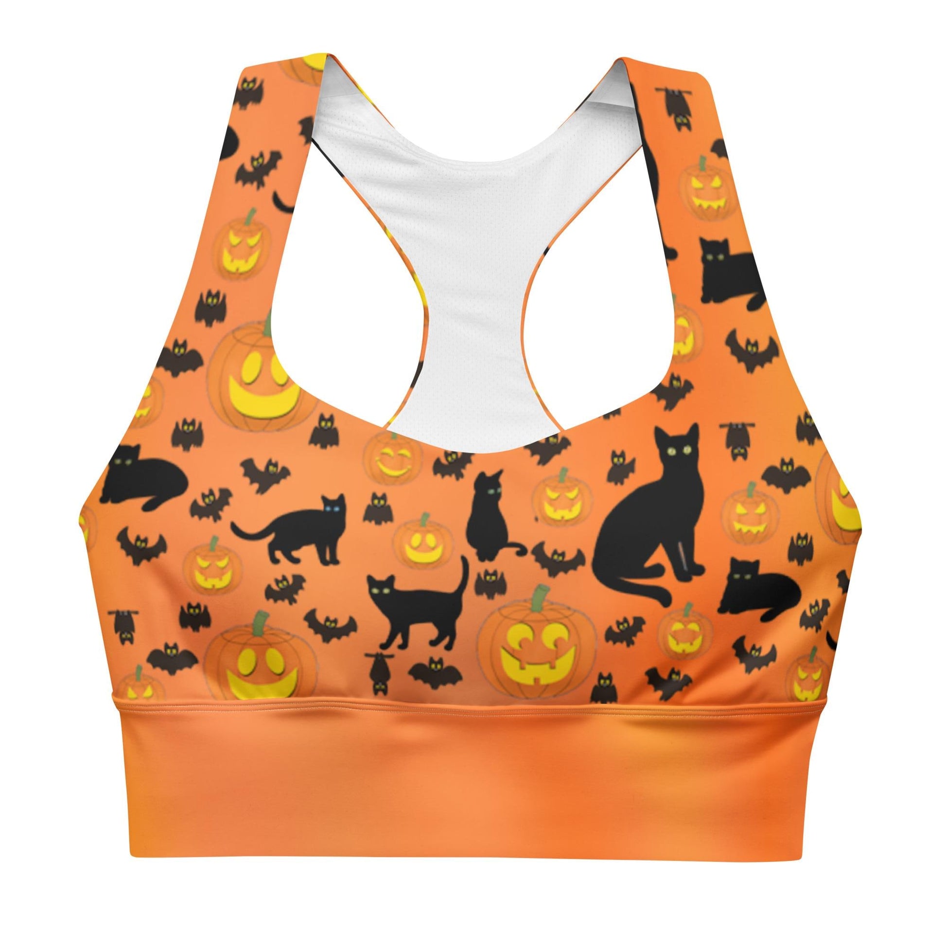Recycled Longline Sports Bra Halloween Pumpkins Bats Cat Print, Seamless Print, Athletic Bra Top, Workout Bra, Activewear, Gym Clothing Bra - Printspirationz