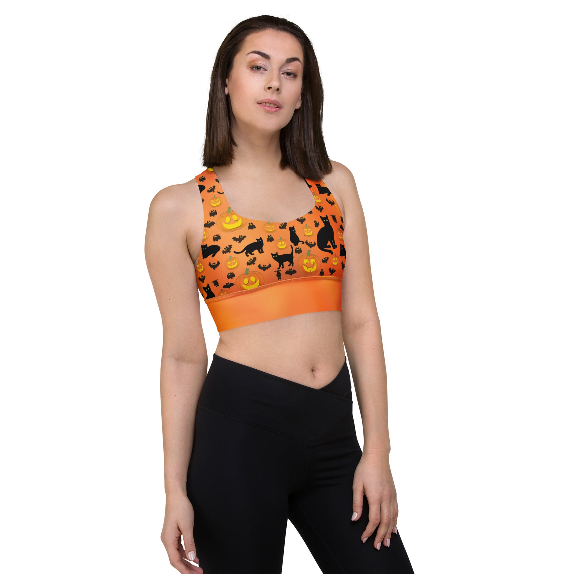 Recycled Longline Sports Bra Halloween Pumpkins Bats Cat Print, Seamless Print, Athletic Bra Top, Workout Bra, Activewear, Gym Clothing Bra - Printspirationz