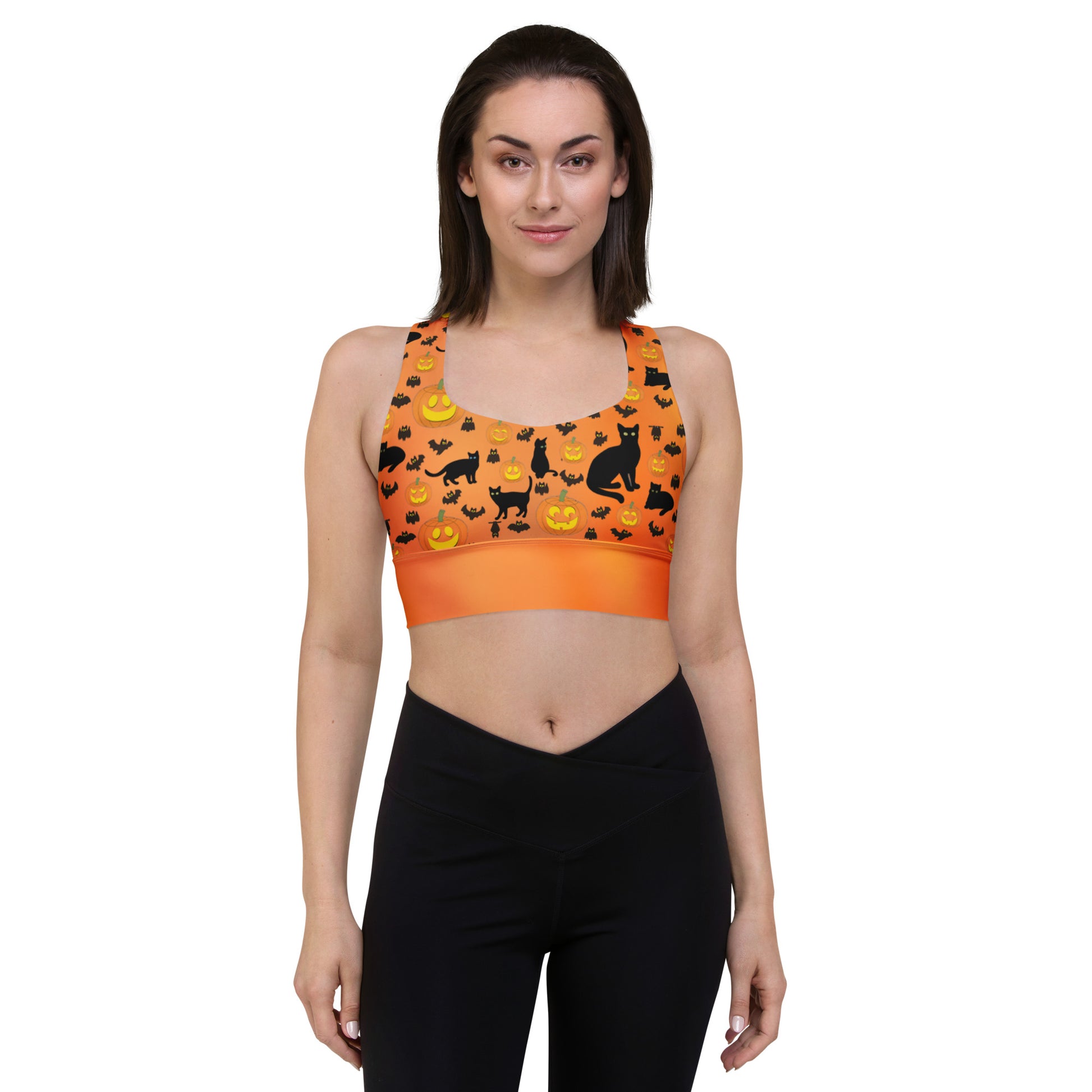 Recycled Longline Sports Bra Halloween Pumpkins Bats Cat Print, Seamless Print, Athletic Bra Top, Workout Bra, Activewear, Gym Clothing Bra - Printspirationz