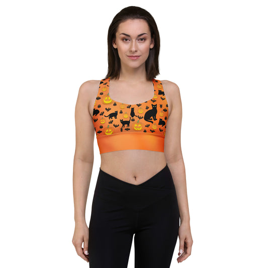 Recycled Longline Sports Bra Halloween Pumpkins Bats Cat Print, Seamless Print, Athletic Bra Top, Workout Bra, Activewear, Gym Clothing Bra - Printspirationz