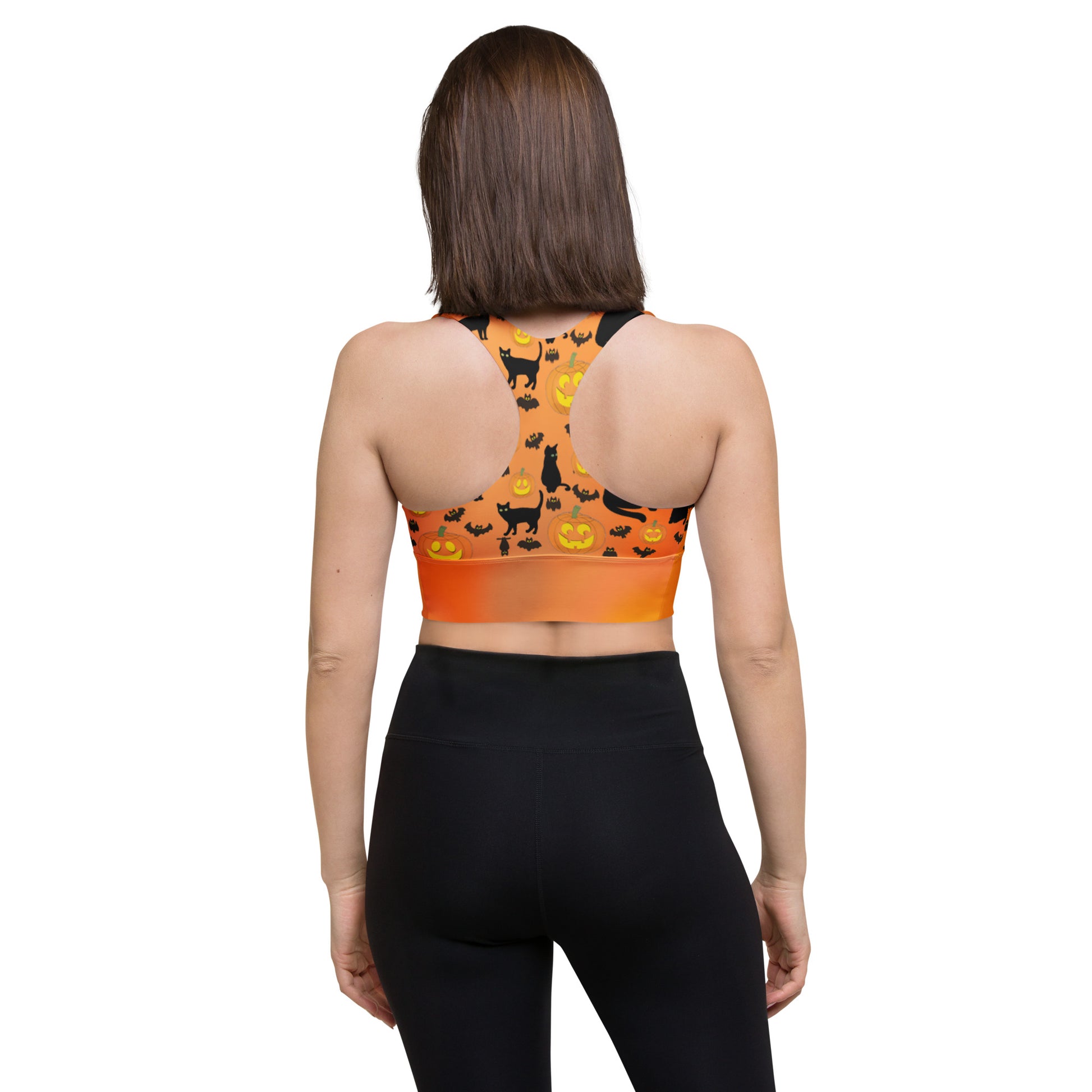 Recycled Longline Sports Bra Halloween Pumpkins Bats Cat Print, Seamless Print, Athletic Bra Top, Workout Bra, Activewear, Gym Clothing Bra - Printspirationz