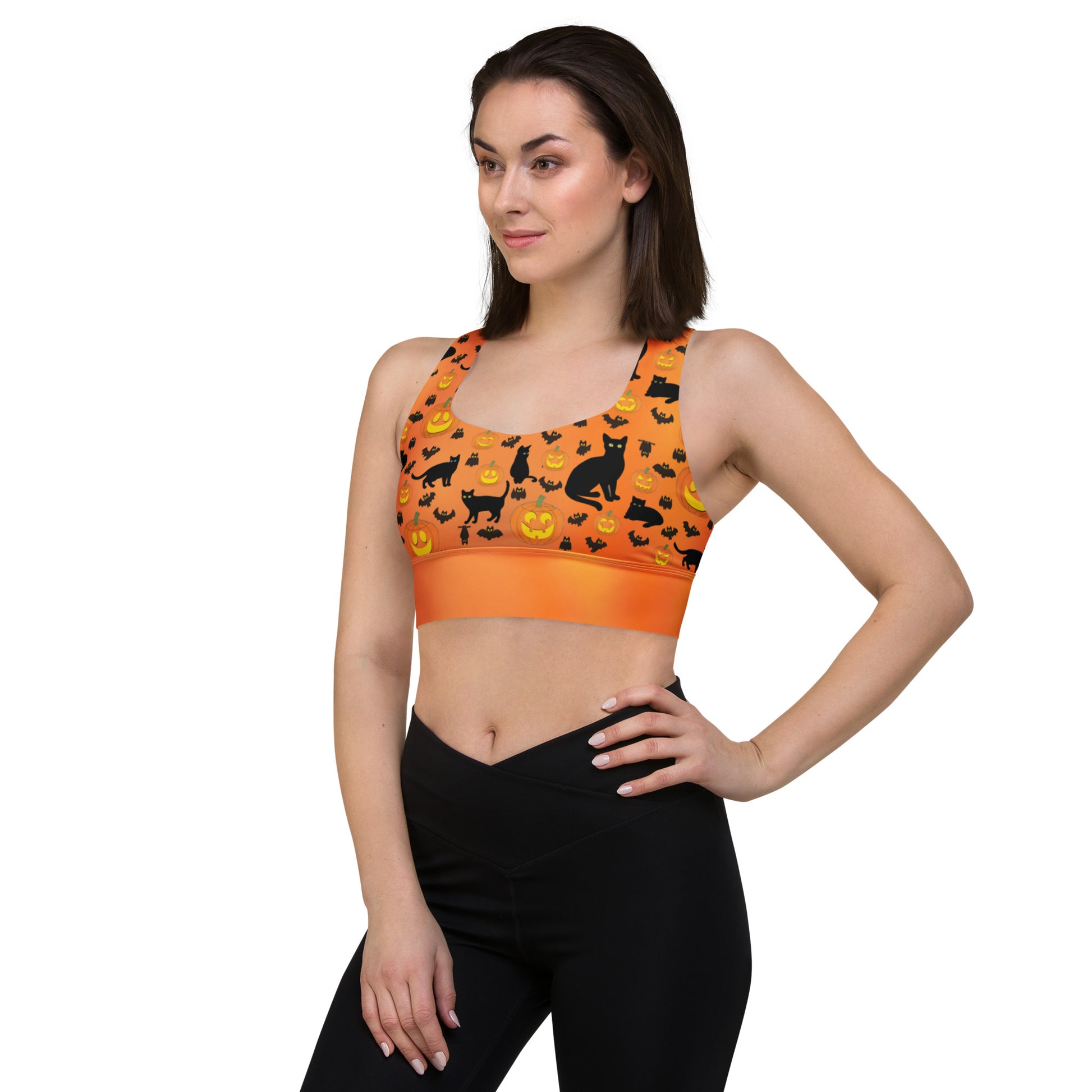Recycled Longline Sports Bra Halloween Pumpkins Bats Cat Print, Seamless Print, Athletic Bra Top, Workout Bra, Activewear, Gym Clothing Bra - Printspirationz