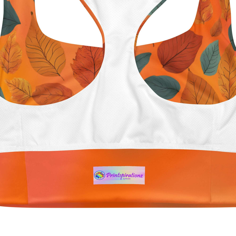 Recycled Longline Sports Bra with Fall Leaves on Orange Gradient – Eco-Friendly Autumn Workout Top