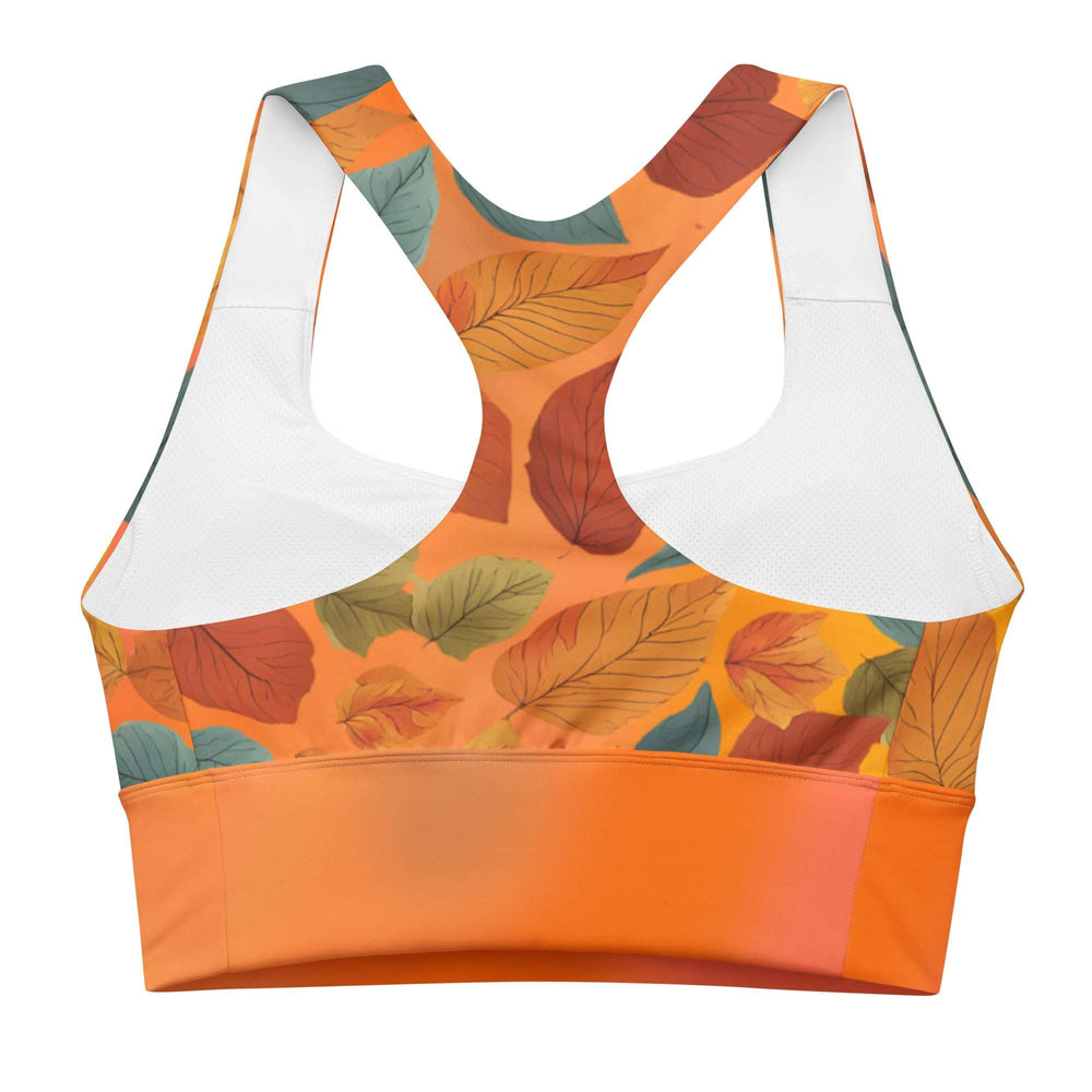 Recycled Longline Sports Bra with Fall Leaves on Orange Gradient – Eco-Friendly Autumn Workout Top
