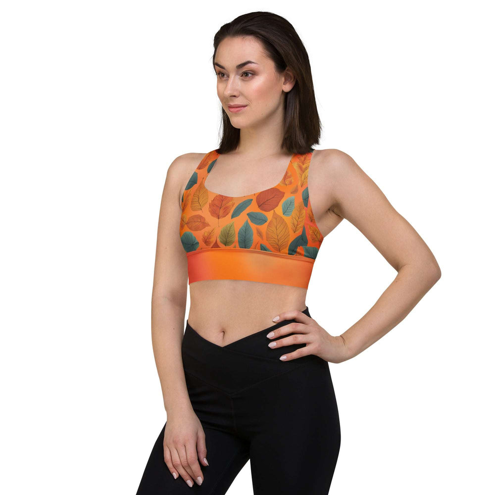 Recycled Longline Sports Bra with Fall Leaves on Orange Gradient – Eco-Friendly Autumn Workout Top