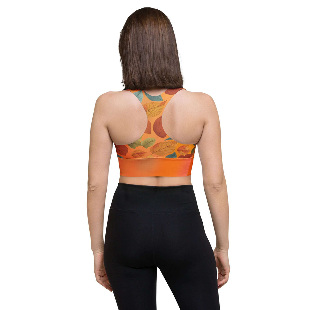 Recycled Longline Sports Bra with Fall Leaves on Orange Gradient – Eco-Friendly Autumn Workout Top