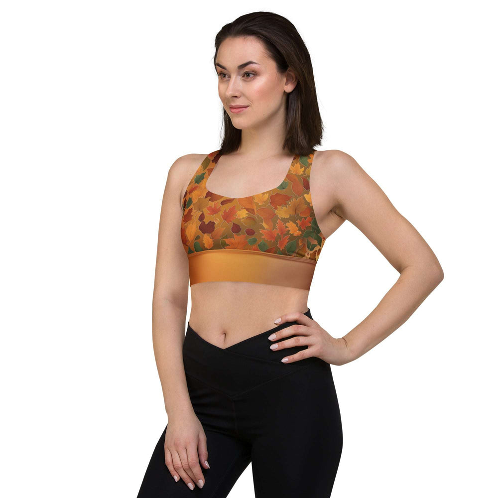 Recycled Longline Sports Bra with Fall Leaves Pattern – Fall Colors Eco-Friendly Activewear