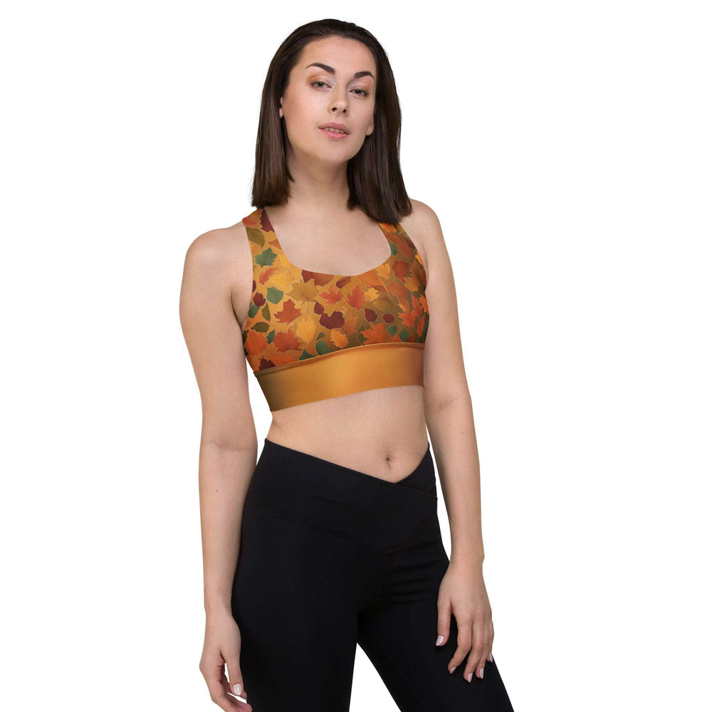 Recycled Longline Sports Bra with Fall Leaves Pattern – Fall Colors Eco-Friendly Activewear