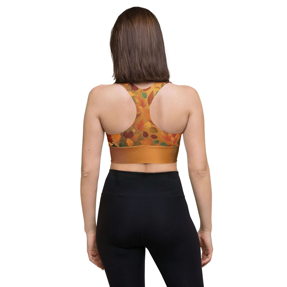 Recycled Longline Sports Bra with Fall Leaves Pattern – Fall Colors Eco-Friendly Activewear