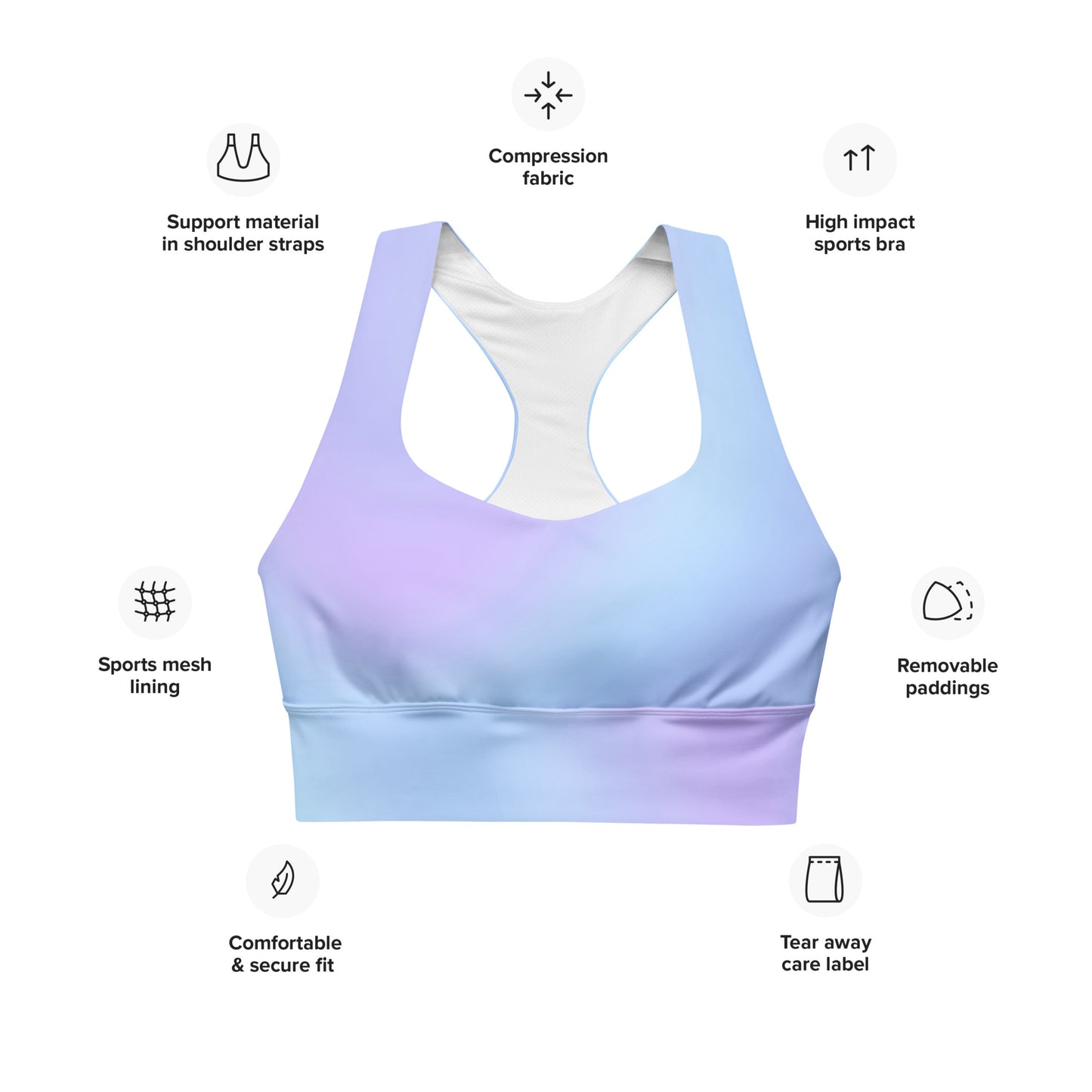Soft Light Blue Gradient Recycled Longline Sports Bra, Workout, Fitness Athleisure, Gym, Seamless, Comfortable,  Activewear, Gym Essentials - Printspirationz