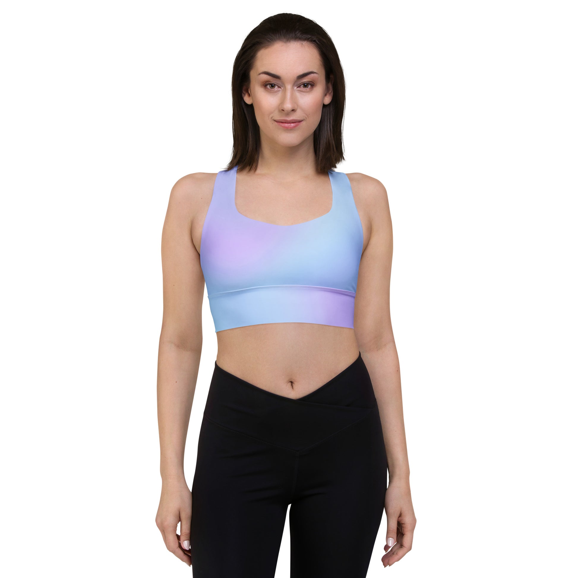 Soft Light Blue Gradient Recycled Longline Sports Bra, Workout, Fitness Athleisure, Gym, Seamless, Comfortable,  Activewear, Gym Essentials - Printspirationz