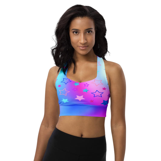 Starry Gradient Sports Bra: Pink Blue Purple Longline Seamless Design - Recycled Material Star Pattern Fitness Top - Printspirationz