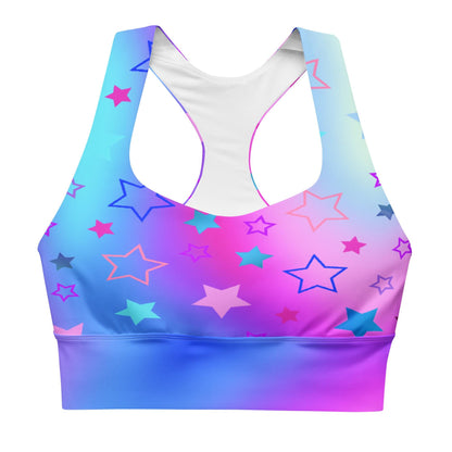 Starry Gradient Sports Bra: Pink Blue Purple Longline Seamless Design - Recycled Material Star Pattern Fitness Top - Printspirationz
