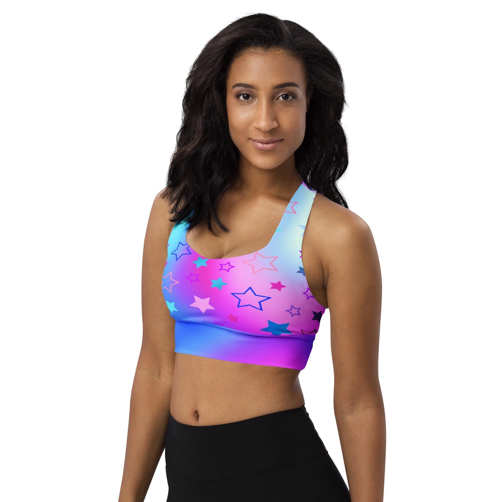 Starry Gradient Sports Bra: Pink Blue Purple Longline Seamless Design - Recycled Material Star Pattern Fitness Top - Printspirationz