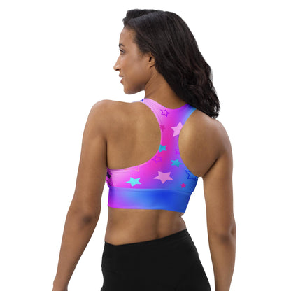 Starry Gradient Sports Bra: Pink Blue Purple Longline Seamless Design - Recycled Material Star Pattern Fitness Top - Printspirationz