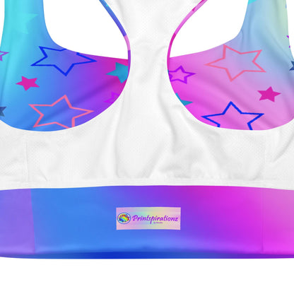 Starry Gradient Sports Bra: Pink Blue Purple Longline Seamless Design - Recycled Material Star Pattern Fitness Top - Printspirationz