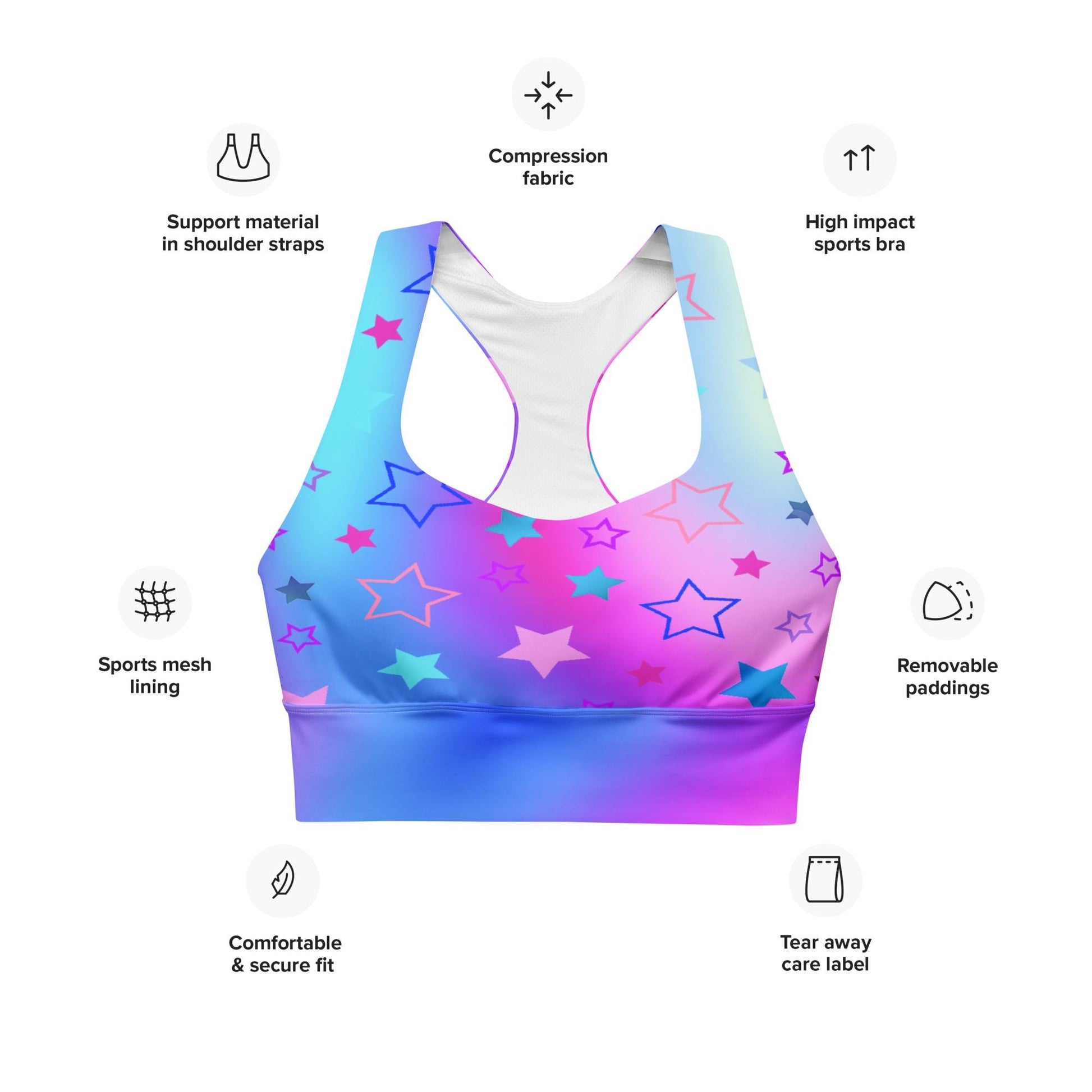 Starry Gradient Sports Bra: Pink Blue Purple Longline Seamless Design - Recycled Material Star Pattern Fitness Top - Printspirationz