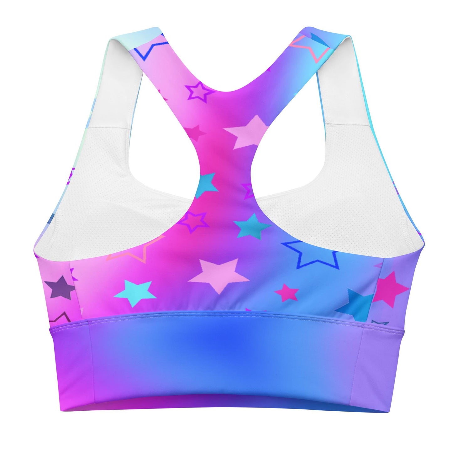 Starry Gradient Sports Bra: Pink Blue Purple Longline Seamless Design - Recycled Material Star Pattern Fitness Top - Printspirationz