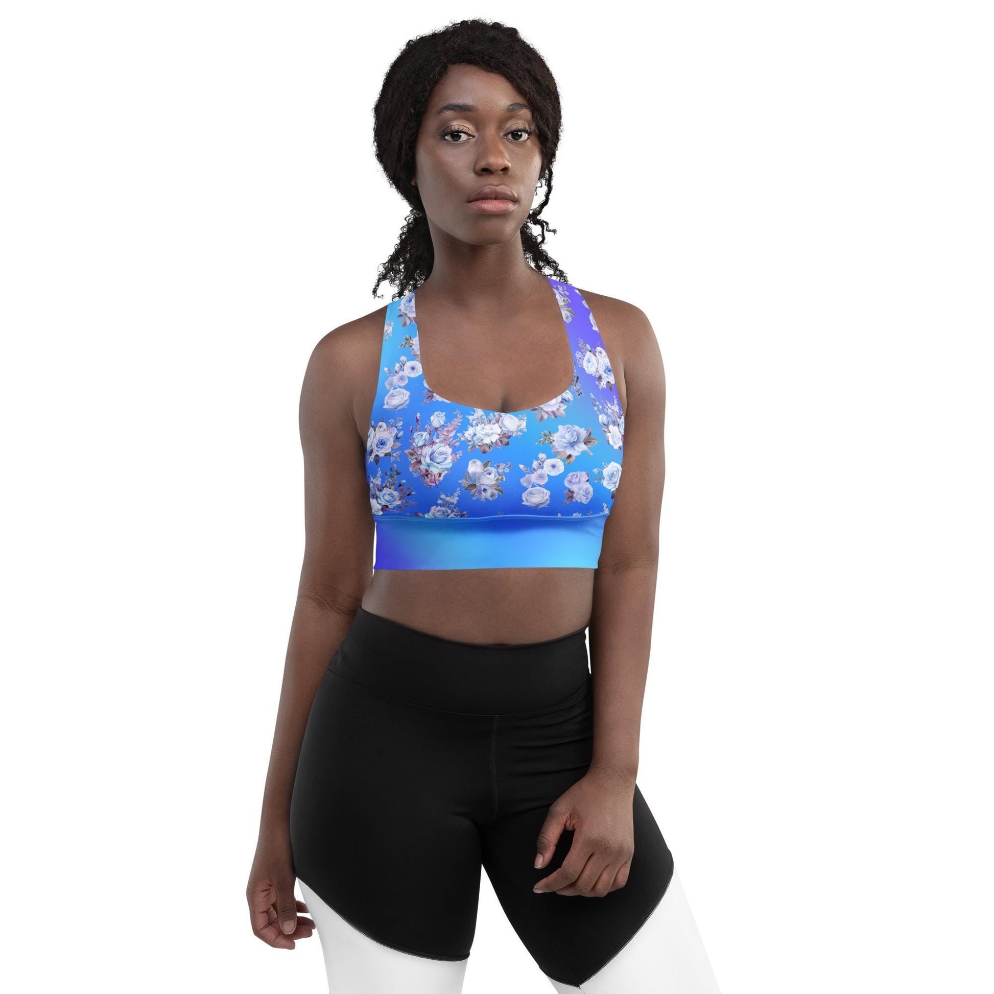 Stylish Blue Floral Longline Seamless Recycled Sports Bra | Sustainable & Supportive Design - Printspirationz