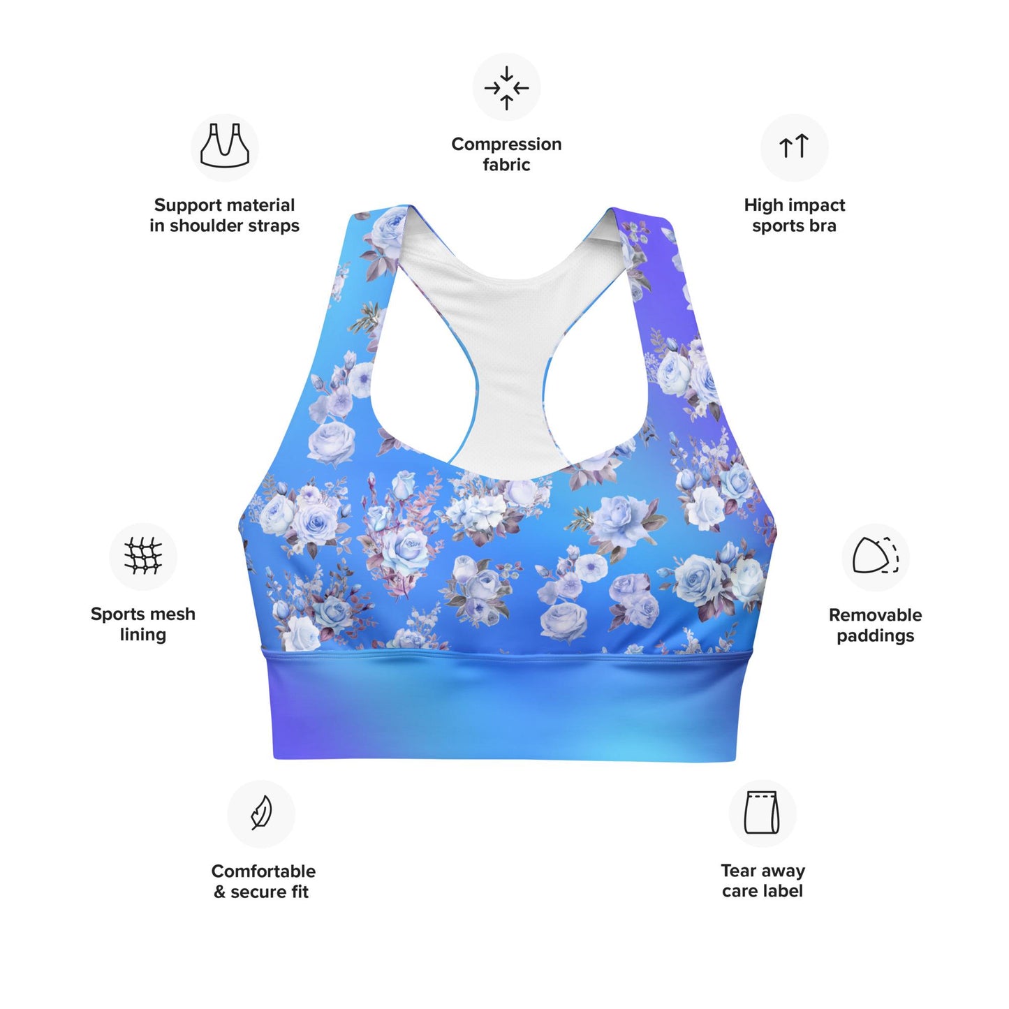Stylish Blue Floral Longline Seamless Recycled Sports Bra | Sustainable & Supportive Design - Printspirationz