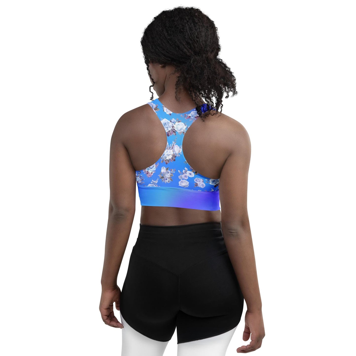 Stylish Blue Floral Longline Seamless Recycled Sports Bra | Sustainable & Supportive Design - Printspirationz