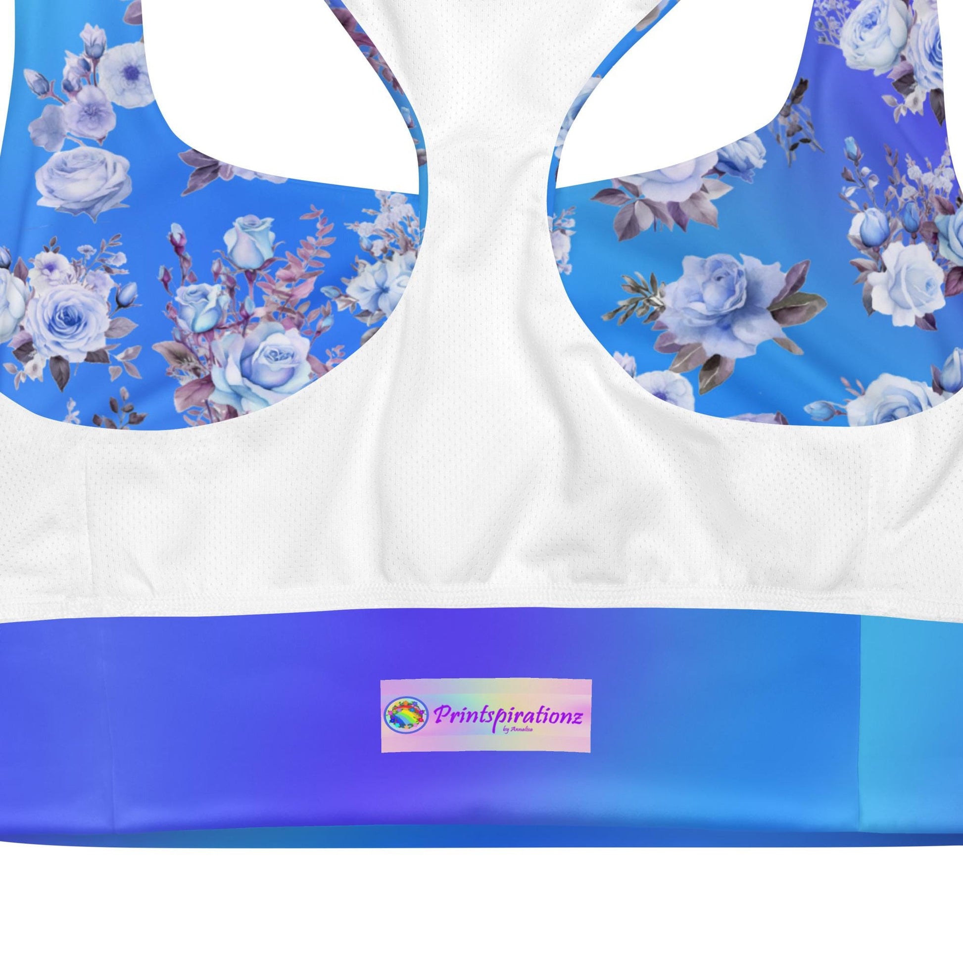 Stylish Blue Floral Longline Seamless Recycled Sports Bra | Sustainable & Supportive Design - Printspirationz