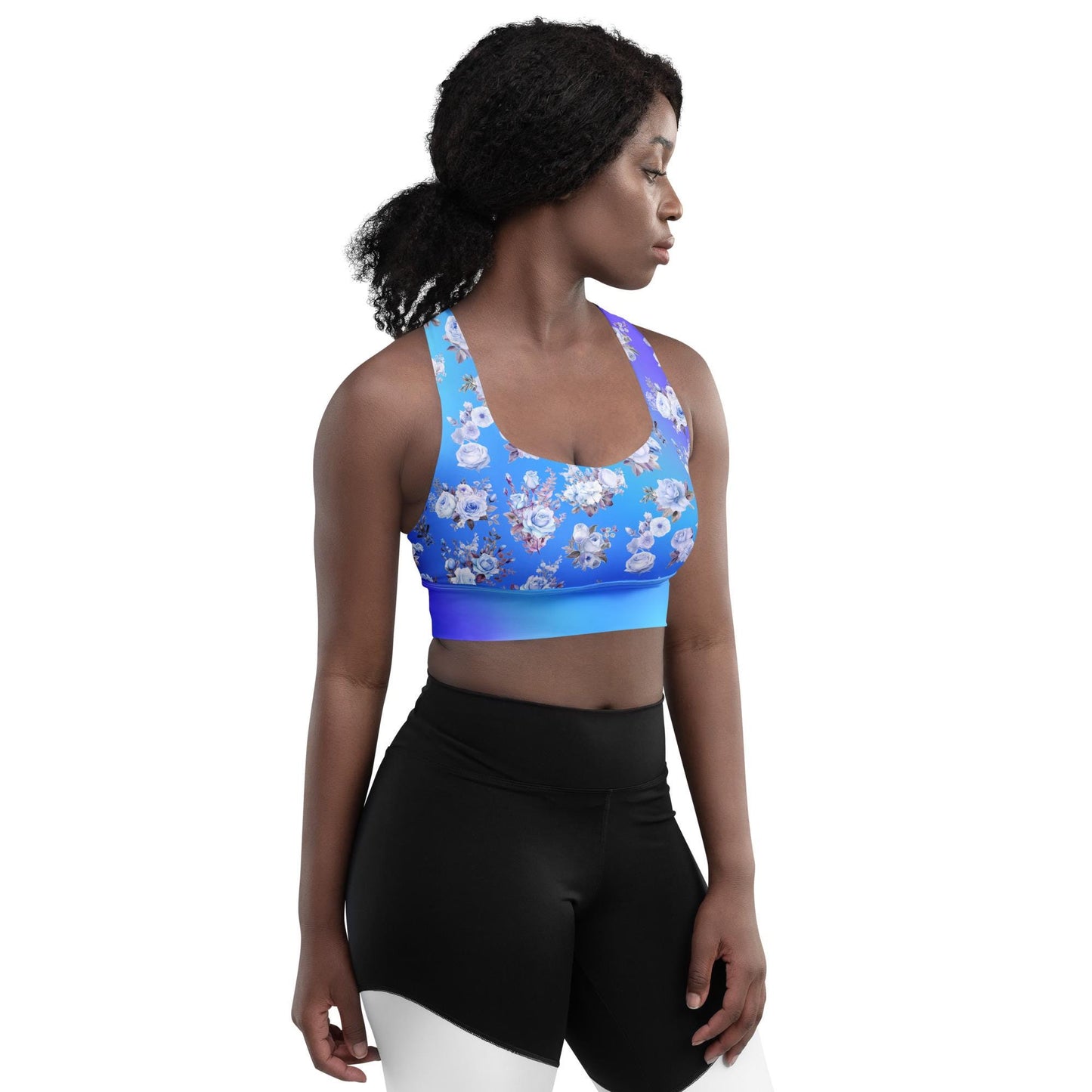 Stylish Blue Floral Longline Seamless Recycled Sports Bra | Sustainable & Supportive Design - Printspirationz