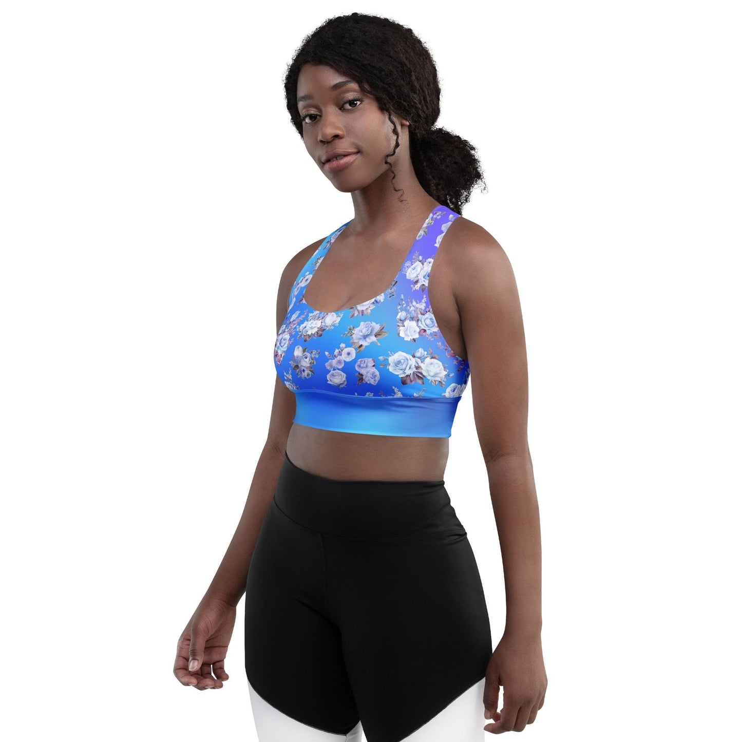 Stylish Blue Floral Longline Seamless Recycled Sports Bra | Sustainable & Supportive Design - Printspirationz