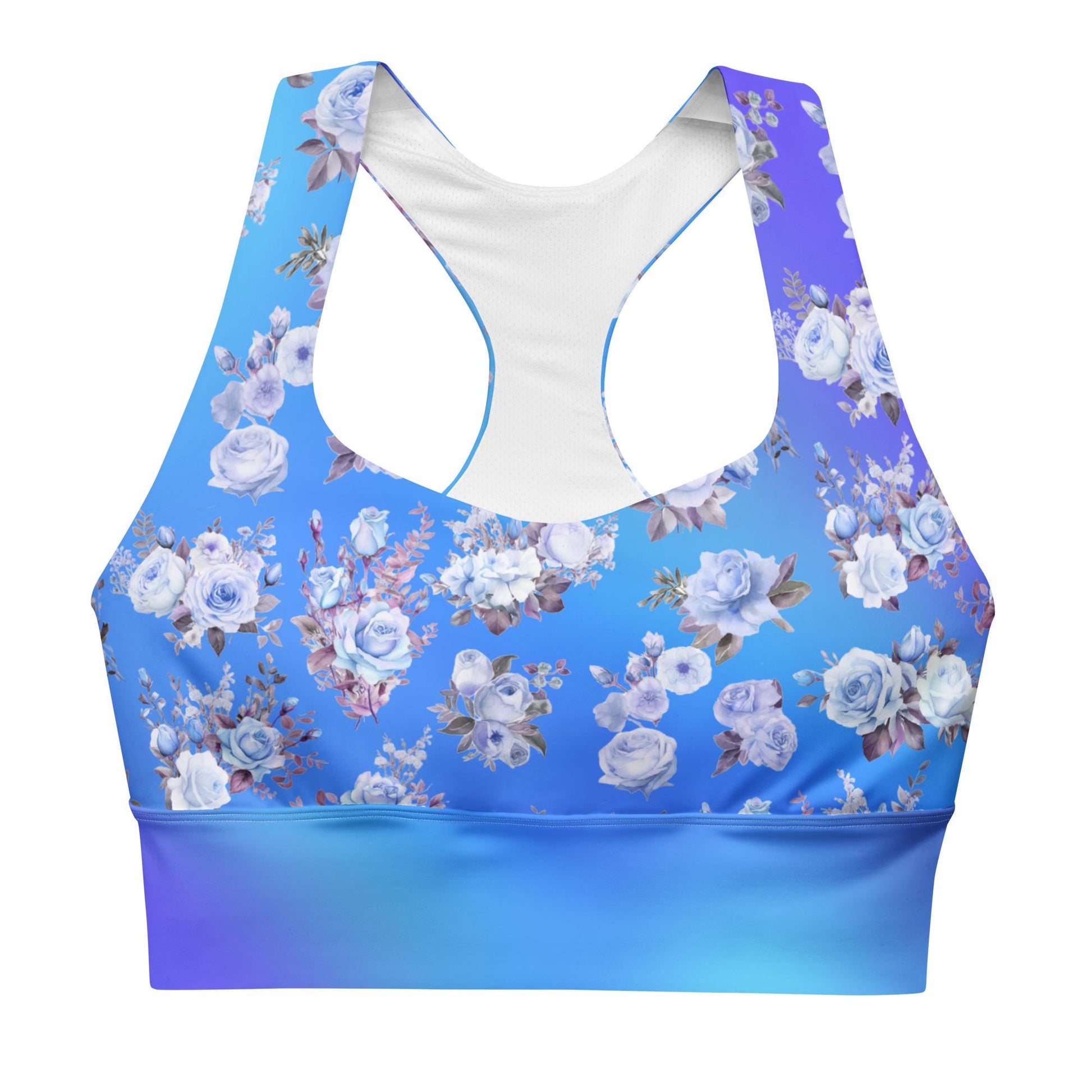 Stylish Blue Floral Longline Seamless Recycled Sports Bra | Sustainable & Supportive Design - Printspirationz