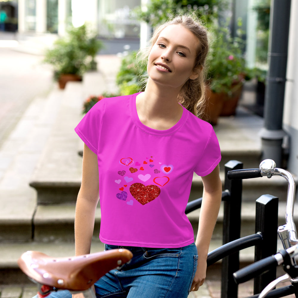 Trendy Heart Print Crop Top in Hot Pink Magenta - Women's Fashion Statement