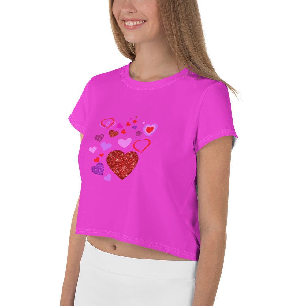 Trendy Heart Print Crop Top in Hot Pink Magenta - Women's Fashion Statement